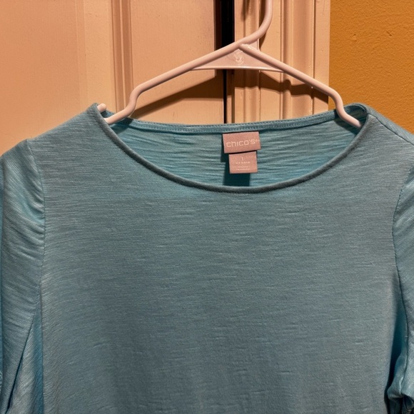 Chicos Short Sleeve Turquoise Tee Lace Trim Sleeve Hem Sz 1 (M) - Picture 2 of 10